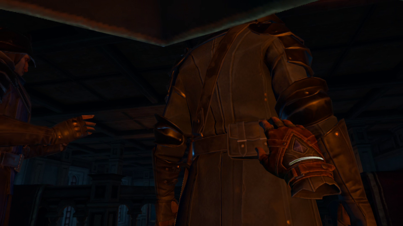 Игрок подкрадывается к двум стражникам, тянется к мошне у одного на поясе.